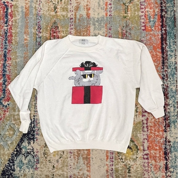 Vintage Cat in Christmas Box Ugly Sweater Xmas 1980s Pullover Sweatshirt - Picture 1 of 6